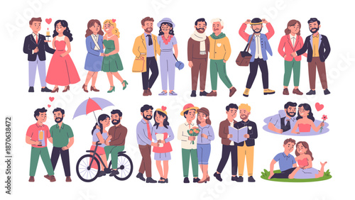 Love's Diverse Expressions:  A vibrant collection showcases love in all its forms, illustrating couples from all walks of life enjoying togetherness.