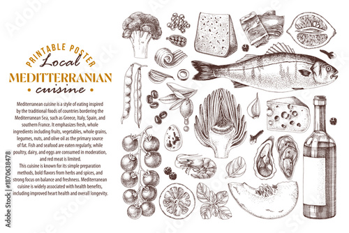 Mediterranean cuisine ingredients vector poster