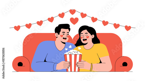 Romantic Cinema Date: A loving couple enjoys a cozy movie date, snuggled together on a comfortable sofa, sharing popcorn and smiles beneath a garland of heart decorations. Capturing intimacy.