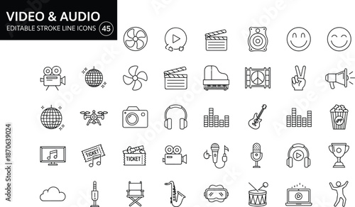 Video and audio outline icon set featuring media production, music, film, sound equipment, streaming, and entertainment symbols in editable vector line style