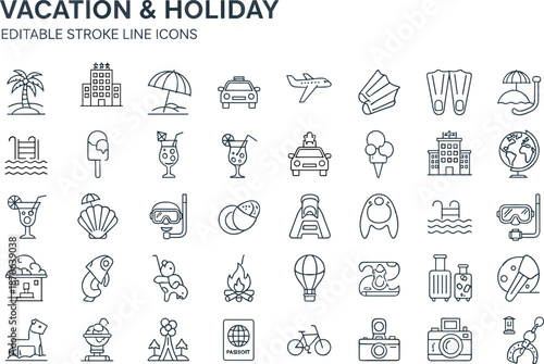 Vacation and holiday editable line icon set featuring travel, beach, transport, leisure activities, tourism, summer adventures, and recreation symbols