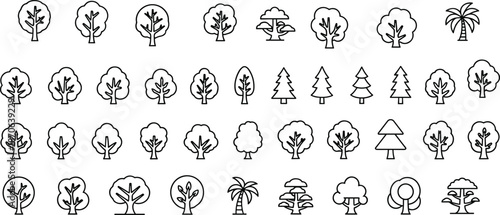 Tree outline icon collection featuring deciduous, conifer, palm, and abstract foliage symbols in clean editable vector line style