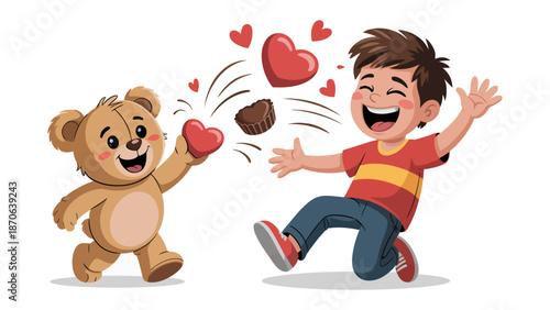 Heartfelt Playtime: A joyful teddy bear presents a heart to an equally delighted child, capturing the essence of friendship, love, and imaginative fun. 