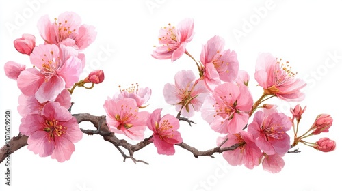 Wallpaper Mural Pink cherry blossoms bloom on a branch with several buds. The flowers are arranged in a design that highlights their shapes. This scene captures springtime beauty. Torontodigital.ca