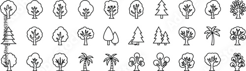 Tree and plant outline icon set featuring deciduous, conifer, palm, and abstract foliage symbols in clean editable vector line style