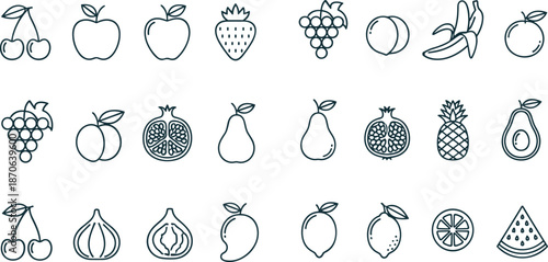 Fruit outline icon set featuring apple, banana, grape, citrus, tropical fruits, and fresh produce symbols in clean editable vector line style
