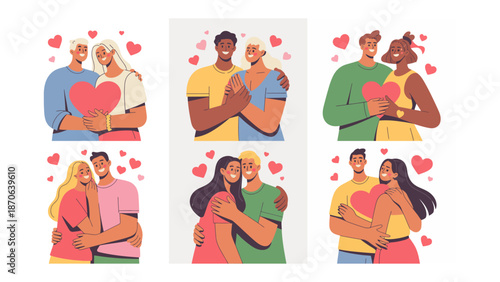 Love's Embrace in Diversity: Six diverse couples, each exuding warmth and affection, stand side by side, cradling a heart-shaped symbol of love, celebrating unity.
