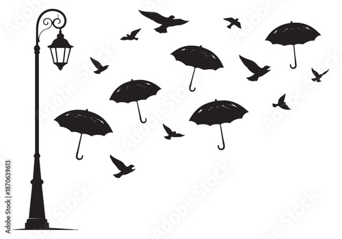 Silhouette illustration of a lamppost with flying umbrellas and birds depicting a whimsical autumn scene for creative design projects