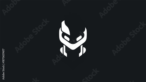 Abstract white mask logo design on a dark background, modern and sleek.