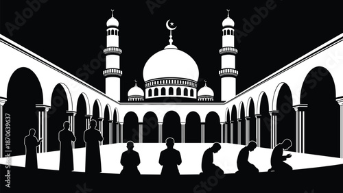 Black and white of people praying in a mosque courtyard with domes and minarets arches