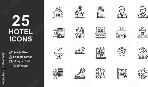 Hotel and hospitality outline icon set featuring booking, reception, concierge, services, amenities, and customer support symbols in editable vector line style