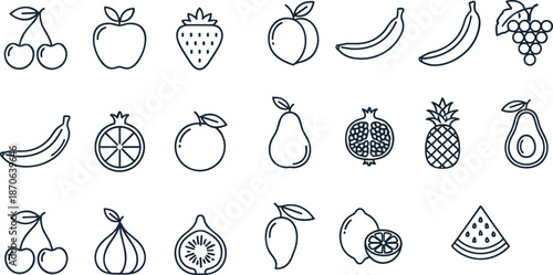 Fruit outline icon collection featuring apple, banana, grape, citrus, tropical fruits, and fresh organic produce symbols in clean editable vector style