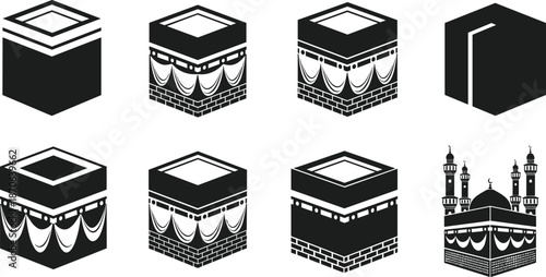 Black and white of the Kaaba with different architectural details and surrounding mosques architecture