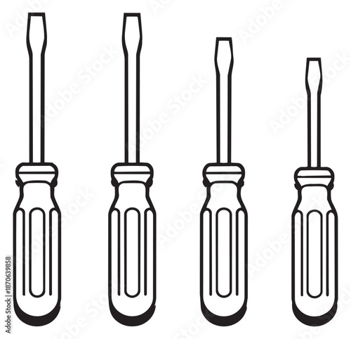 Line art screwdriver set featuring slotted screwdrivers of various sizes for home repair and DIY projects