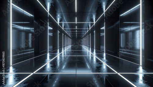 Long, futuristic corridor with bright neon lights and reflective surfaces