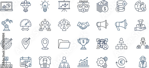 Business strategy and management line icons collection with finance marketing teamwork analytics editable stroke pixel perfect modern vector illustration
