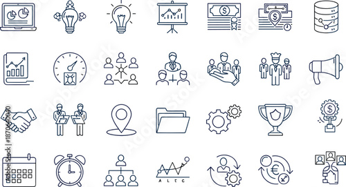 Business management and finance line icons set with strategy analytics teamwork planning editable stroke pixel perfect modern vector illustration