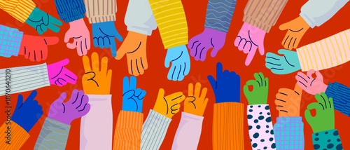 Set of colorful hands with different gestures and sign vector illustration. Community, communication, friendship symbol elements.
