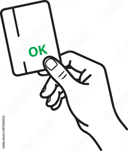 A minimalist black and white line art vector illustration of a hand holding a credit card vertically with a green "OK" stamp, representing a successful payment or approved transaction.