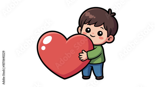 Embracing Love and Affection: A charming cartoon boy tenderly embraces a heart, symbolizing care and warmth. Capturing the essence of affection and goodwill.