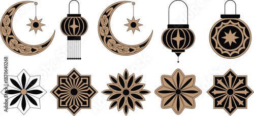 Ornate hanging decorations: moons, stars, and lanterns on white background