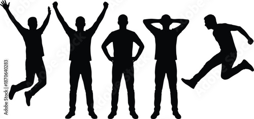 Group of five male silhouettes jumping standing and running, energetic human poses, black shadow figures isolated on white background