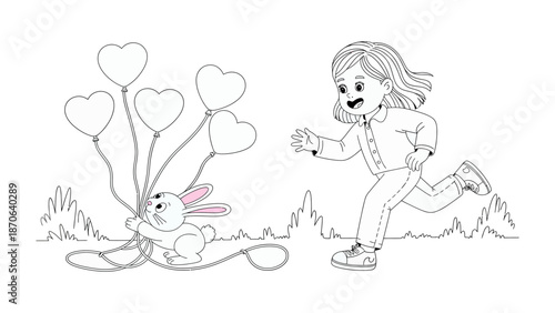 Joyful Pursuit: A charming illustration depicts a delightful scene where a child, brimming with happiness, eagerly chases after a playful bunny adorned with heart-shaped balloons.