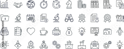 Business and finance editable stroke line icons collection with strategy management analytics growth symbols pixel perfect modern vector illustration