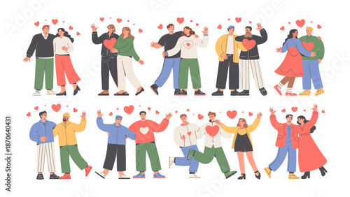 Love's Embrace: A vibrant scene featuring diverse couples, each expressing affection with open arms and shared hearts, their connection resonating with warmth and joy. 