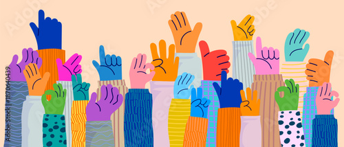 Set of colorful hands with different gestures and sign vector illustration. Community, communication, friendship symbol elements.