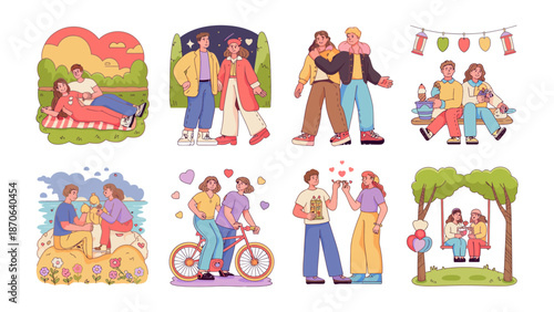 Illustration of Romantic Couples in Love: A collection of charming illustrations capturing the essence of love, featuring couples in various romantic scenarios such as park dates, cozy evenings.