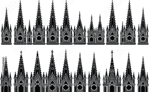 Gothic cathedral spires and facades arranged in a repeating pattern with intricate black and white detailing