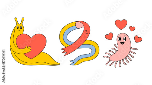 Love and Adoration: A series of cute cartoon creature, each radiating joy and affection. Each holds and radiates love. The image evokes warmth and joy