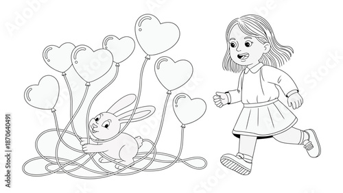 Heart-Shaped Balloons, Rabbit and Girl's Playful Chase: A whimsical monochrome illustration captures the joyful scene of a girl's playful pursuit of a rabbit amidst a cluster of heart-shaped balloons.