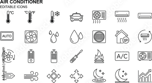 Air conditioner editable icon set featuring cooling, heating, temperature control, ventilation, humidity, HVAC systems, and climate management symbols