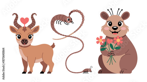 Valentine's Day animals: Sweet creatures with love signs and flowers embody the spirit of Valentine's Day.