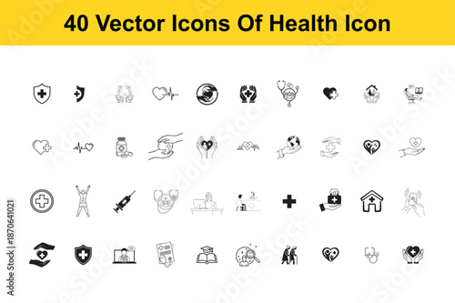 Collection of 40 black and white vector icons related to health and medicine medical