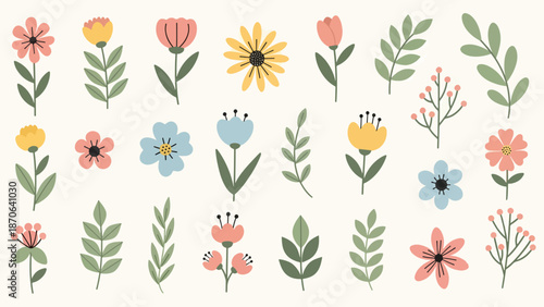 Vibrant flower and leaf illustrations in pastel colors for design