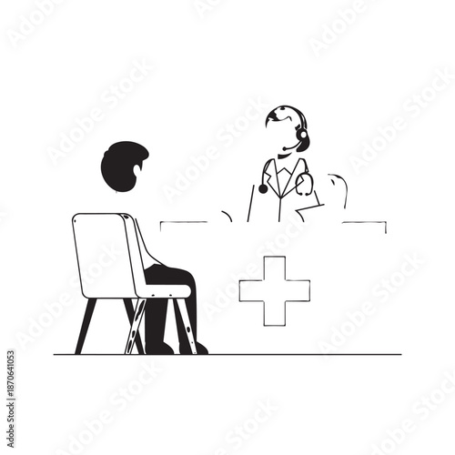 Doctor on video call with patient in a minimalist line drawing medical healthcare