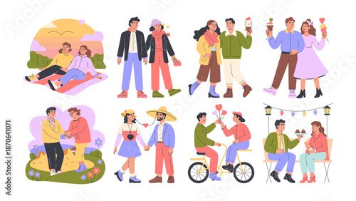 Romantic Moments: A collection of sweet illustrations capturing different pairs of lovers at various stages of their romantic journey, expressing moments of joy and intimacy