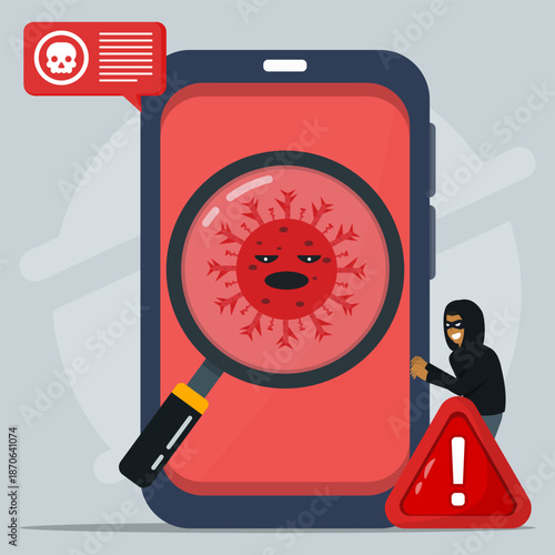 Cybersecurity warning illustration showing mobile malware detection, hacker attack, and virus threat on smartphone screen.