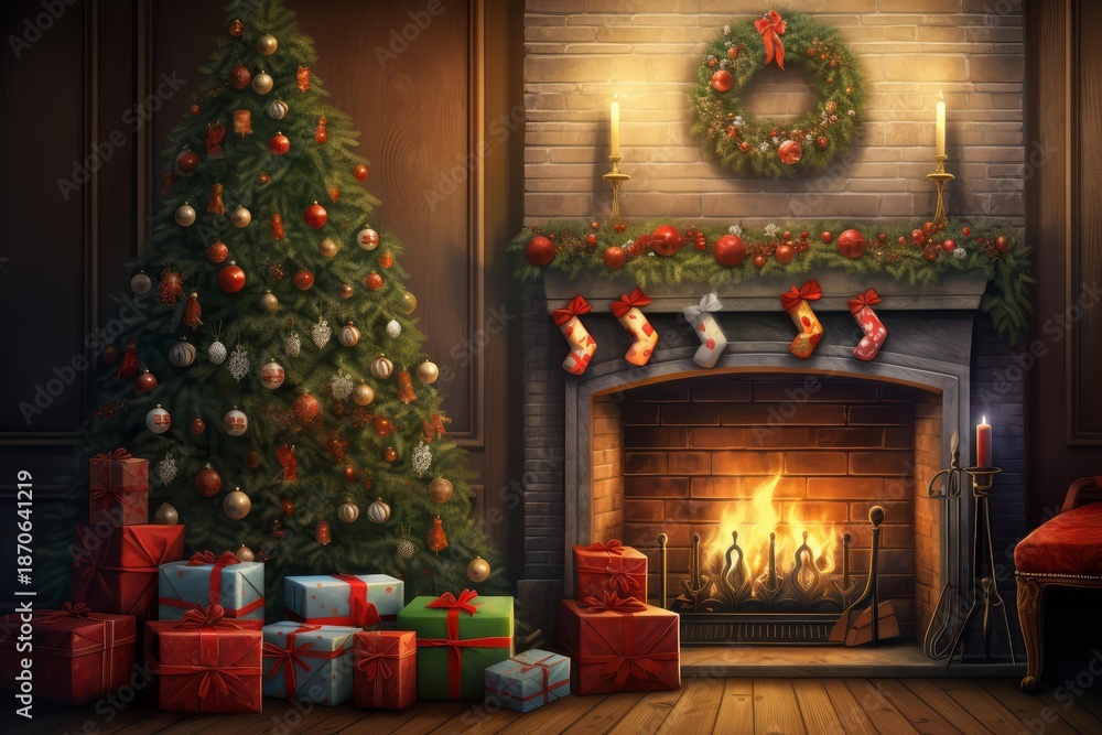 Fototapeta premium Decorated christmas tree with presents next to a brick fireplace and glowing fire, creating a cozy holiday atmosphere