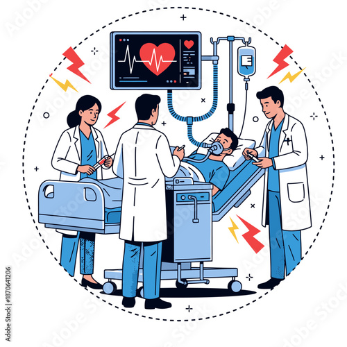 Critical Care Medical Services Illustration with Doctors Monitoring Patient on Ventilator in Intensive Care Unit Hospital