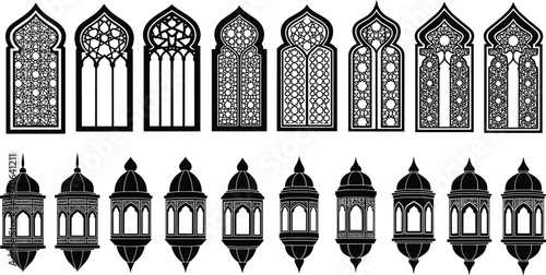 Ornate black and white windows and lanterns with intricate geometric patterns and domed tops