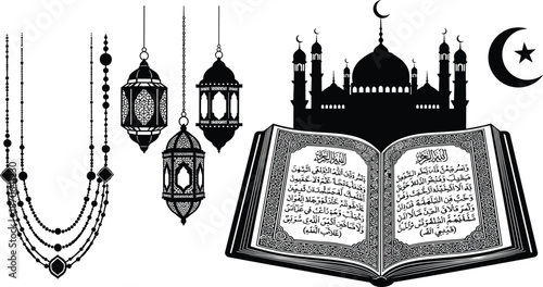 Open book with Arabic text and Islamic symbols including a mosque and hanging lanterns domes
