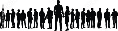 People silhouette group, crowd standing and talking, business social interaction concept, teamwork diversity community, isolated black vector illustration