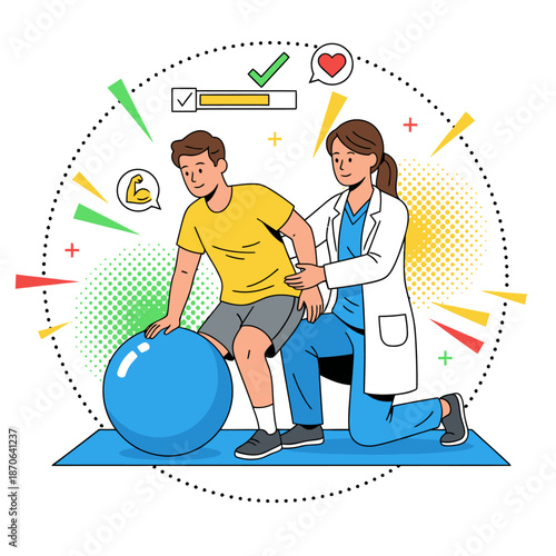 Female physical therapist helping a young man with a stability ball exercise, medical rehabilitation and physiotherapy session concept, healthcare professional assisting patient recovery vector