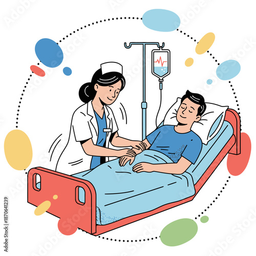 Nurse checking on a male patient recovering in a hospital bed with an IV drip, post-surgery medical care and inpatient monitoring concept, flat vector healthcare service illustration