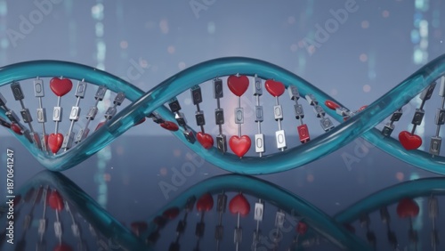 DNA Strand with Hearts and Technology Elements Genetics Love Biotechnology. Concept featuring dna, hearts, technology, genetics, love.