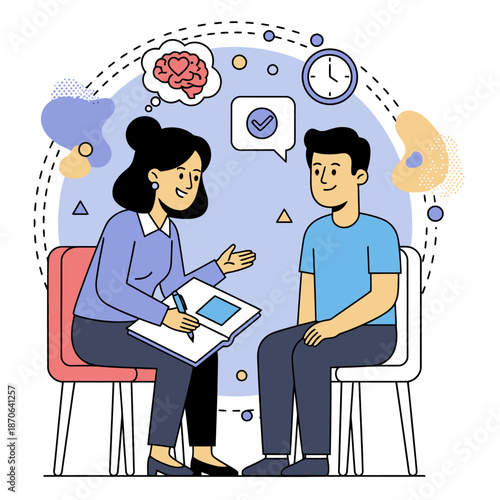 Mental health medical care concept with a diverse group of patients supporting each other, psychological wellness and therapy session illustration, flat vector healthcare advice and counseling